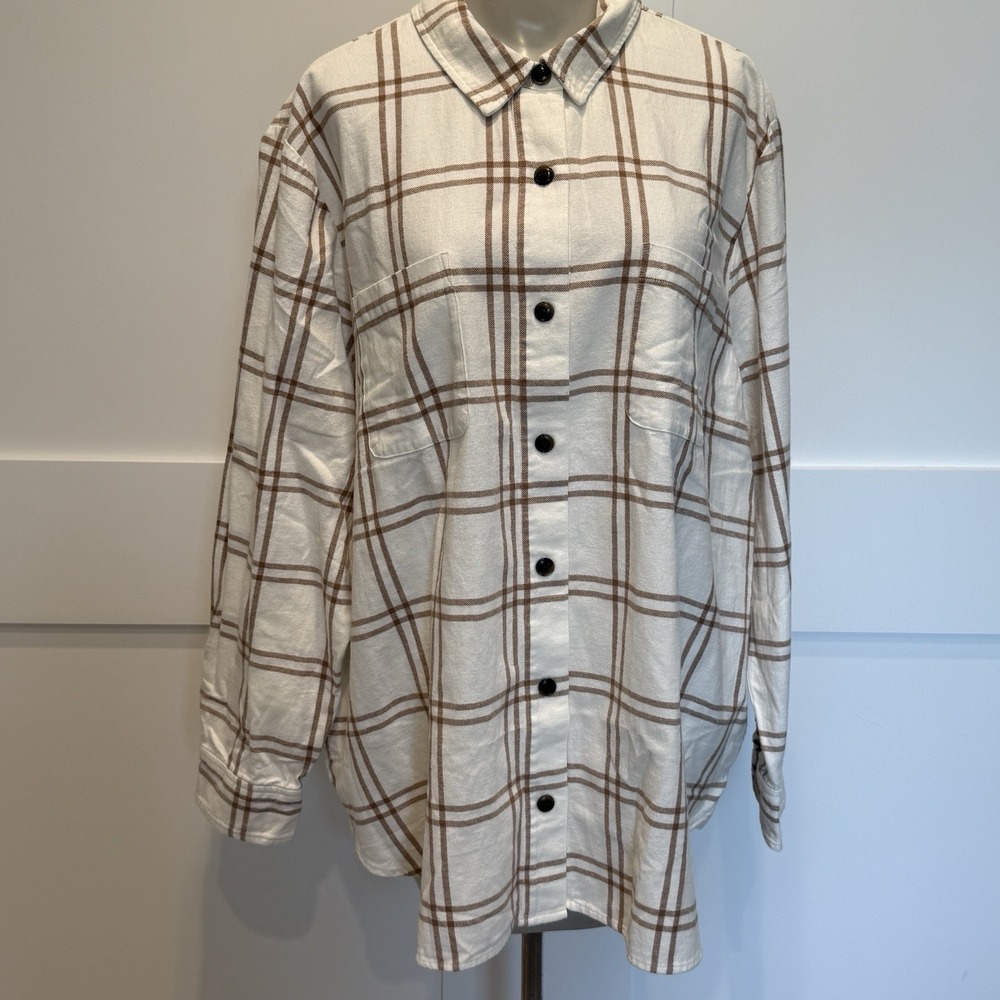 J Crew Factory‎ Cotton Tan/White Plaid Shirt Shacket Jacket W/Pockets Size 2X